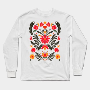 Red, orange and black rustic floral motif Long Sleeve T-Shirt
